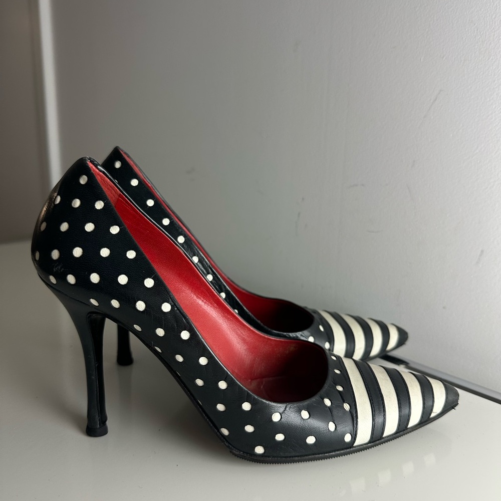 CELINE polkadot/stripe leather heels 36 NAVY/ WHITE